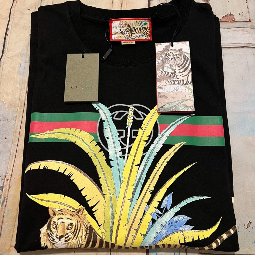 Gucci Black Tee with Tiger and Leaf Design
